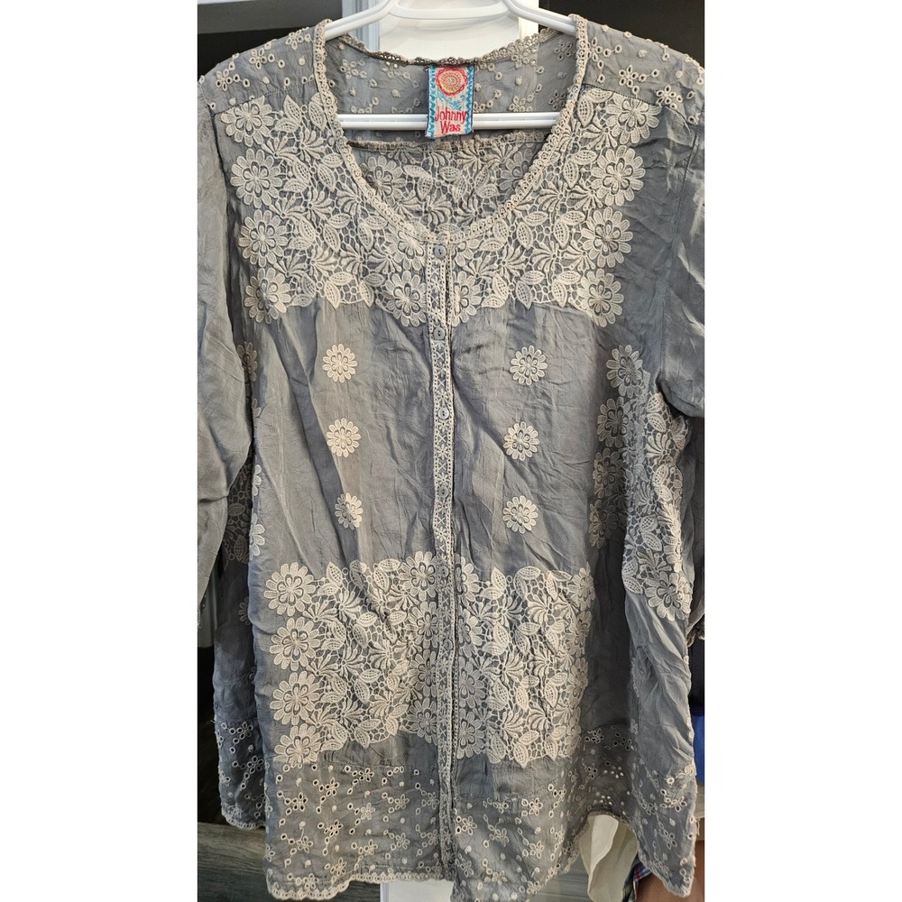 Vintage Boho Johnny Was Blue Grey Embroidered Eyelet Button Down Cupra Rayon Top